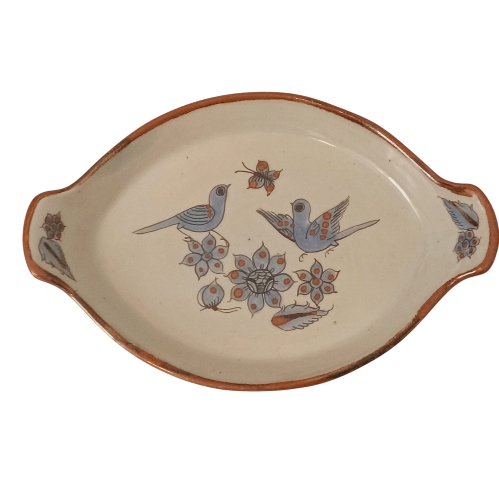 KEN EDWARDS BLUEBIRD Pottery 14" Oval Handled Platter EL PALOMAR Mexico AuGratin